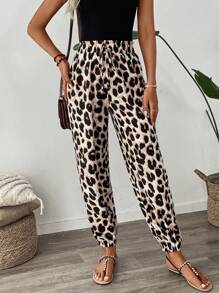 SHEIN LUNE Women's Vintage Leopard Print Elastic Waistband Pants With Ruffled Cuffs For Summer Casual, Holiday