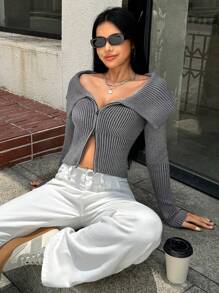 SHEIN EZwear Chaqueta de punto de cierre de cremallera con rayas de unicolor, blusas de manga larga para mujer - Gris - Ver 4