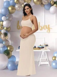 孕妇纯色镂空腰部露背吊带紧身连衣裙，适合婴儿洗礼、拍照