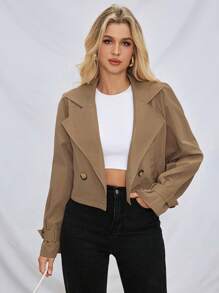 SHEIN Essnce Women's Spring/Summer Or Fall Clothes  Khaki Cropped Trench Coat In Olive Long Sleeve  Raglan Sleeve Double Button Crop Trench Coat For Spring & Autumn  Back To School Clothes  Teacher Clothes