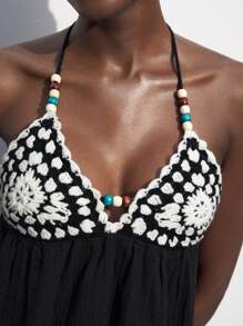 Maija Women's Casual Colorblock Knitted Top With Halter Neck - Black and White - View 4