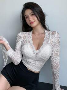 DAZY 女士V领蕾丝长袖上衣，适合宴会、返校、情人节等场合，轻薄透气，秋季情人节服装 - 白色 - 查看 2