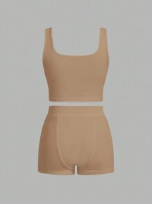 Slaydiva 女士休闲百搭罗纹背心和紧身短裤套装，2件套-Z - 卡其色 - 查看 5