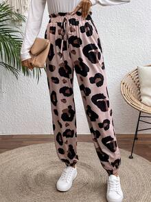 SHEIN LUNE 女士豹紋高腰系腰運動褲，彈性口袋口袋，彈性口袋口袋，有彈性的袖口 - 彩色 - 查看 5