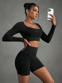 SHEIN Sport Gameset T-shirt court et short cycliste unicolore pour l'été