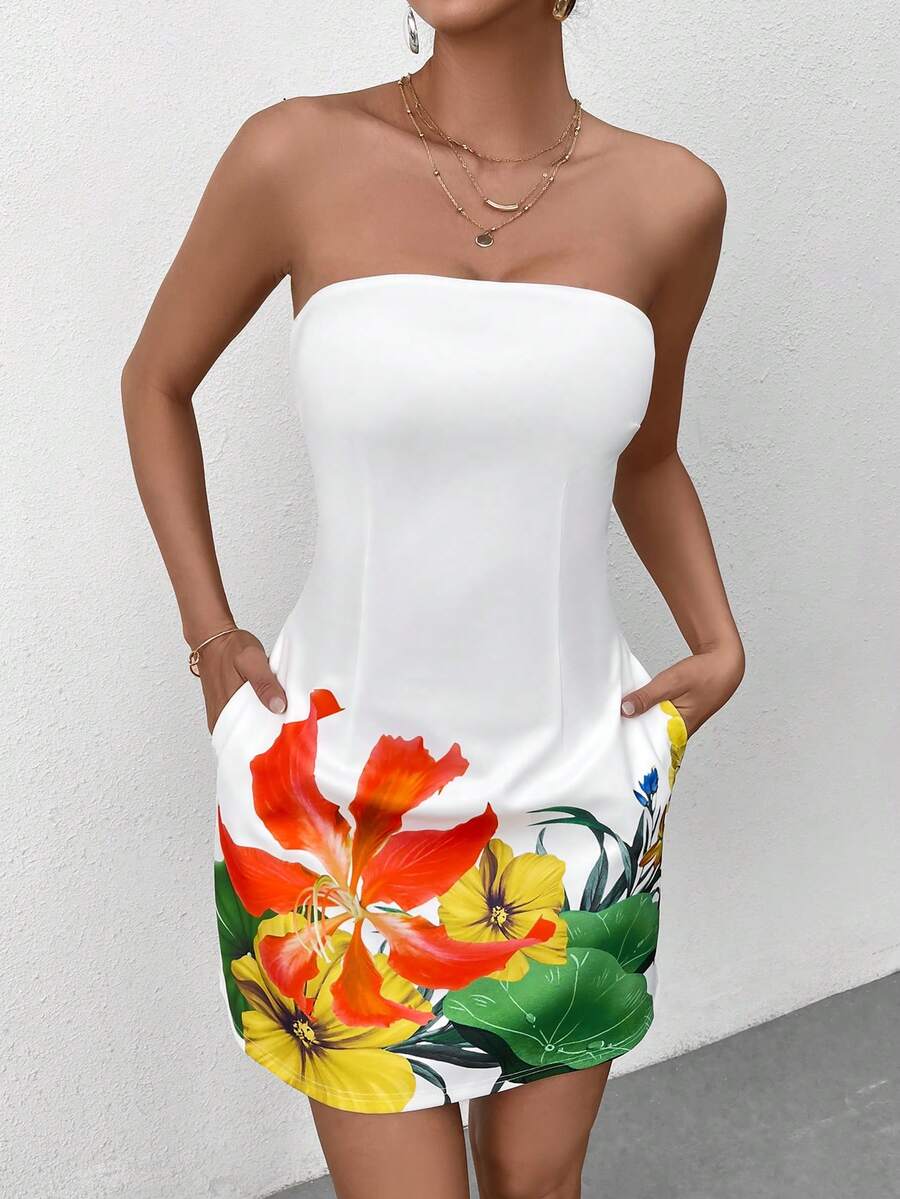 PARTHEA Backless Floral Print Bodycon Tube Dress - White - View 1