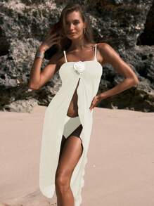 Swim Chiccia Flower Decor Split High Cover Up Skirt Summer - Beige - View 4