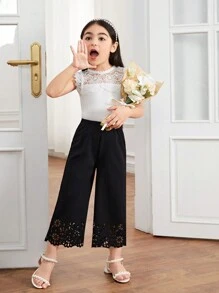 Young Girl Laser Cut Out Wide Leg Pants - Black - View 3