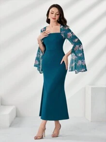 Modelyn 夏季對比花卉印花方頸分裂袖人魚裙擺連身裙