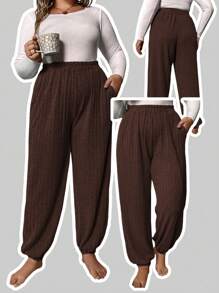 SHEIN LUNE Plus Solid Slant Pocket Sweatpants - Coffee Brown - View 4