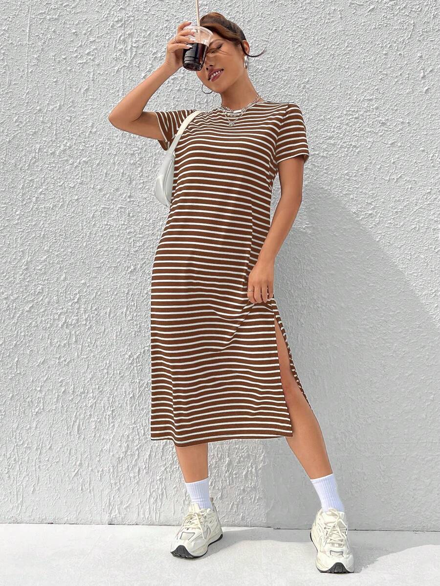 SHEIN EZwear Women's Summer Casual Coffee Brown Knitted Striped Dress With Side Slit Hem - Coffee Brown - View 1