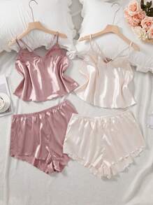 SilkySpell 大码女式夏季双色多件套吊带背心和短裤缎面睡衣套装