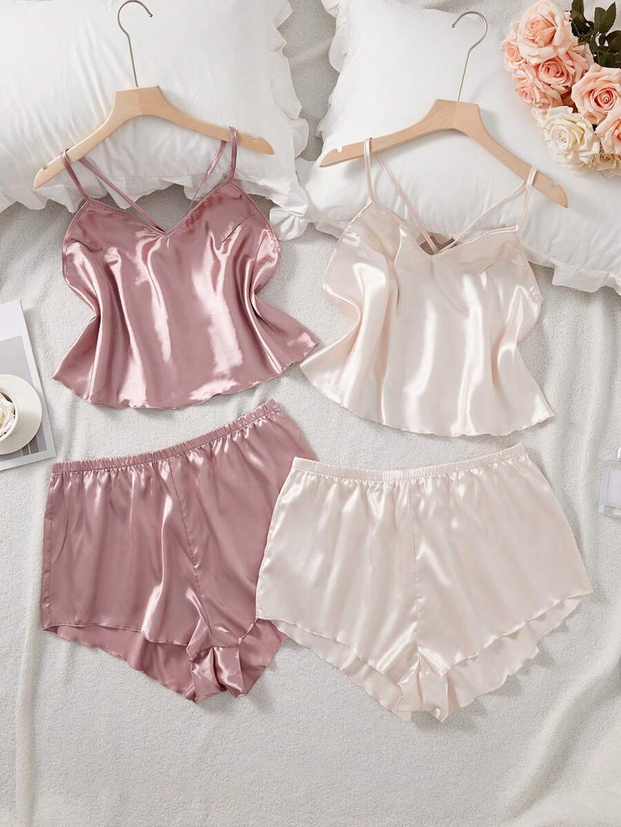 SilkySpell 大码女式夏季双色多件套吊带背心和短裤缎面睡衣套装