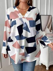 EMERY ROSE Plus Geo Print Roll Tab Sleeve Blouse