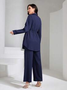 Graceveil Flap Pocket Drawstring Waist Shirt & Wide Leg Pants For Spring & Summer Modest - Navy Blue - View 2