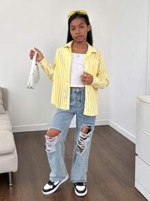 SHEIN 少女假日休閒格子紋織物長袖襯衫上衣 - 彩色 - 查看 4