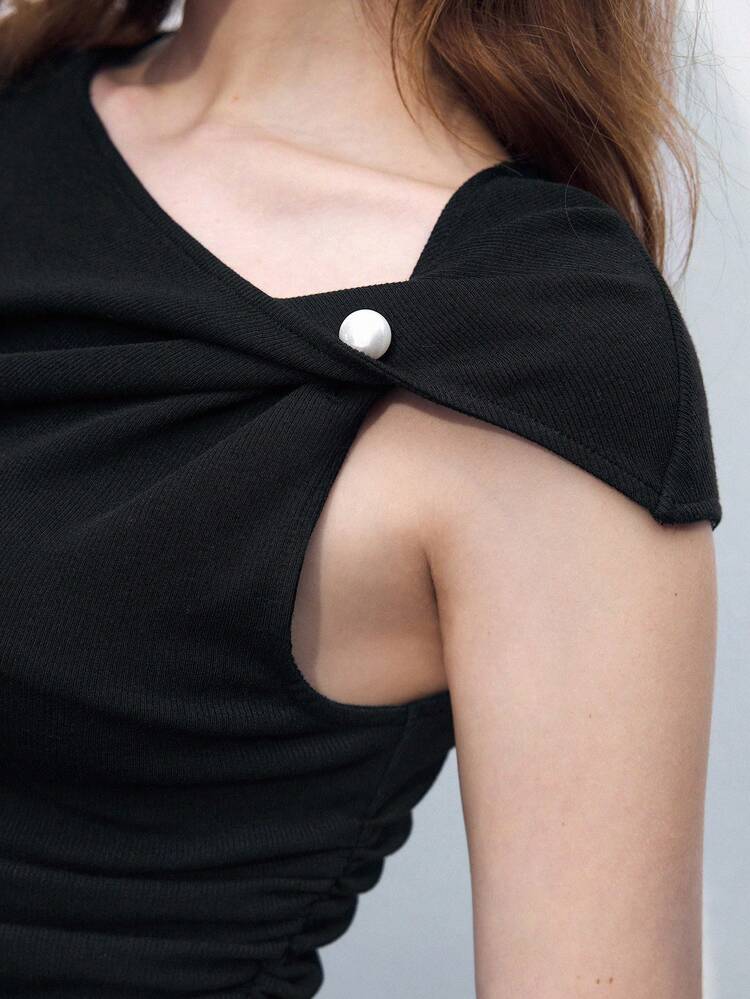 SHEIN Maija Women's Asymmetrical Neck Metal Accent Gathered Waist Slim Fit T-Shirt For Back To School