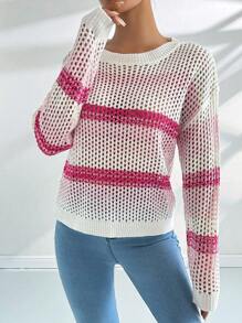 SHEIN LUNE Spring/Summer Casual Hollow Knitted Gradient Striped Sweater  Fall Winter Outfit