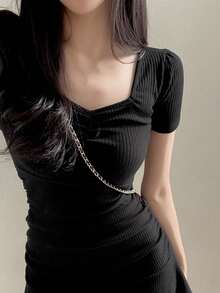 女士纯色收腰夏季短袖连衣裙 - 黑色 - 查看 5