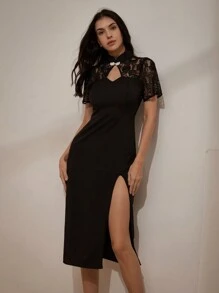 Aveloria Rosie 優雅新中式復古修身高貴旗袍，對比蕾絲短袖長裙