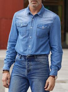 Manfinity Homme Camisa vaquera para hombre con bolsillo superior y pantalones vaqueros estampados en toda la superficie - Azul lavado medio - Ver 8