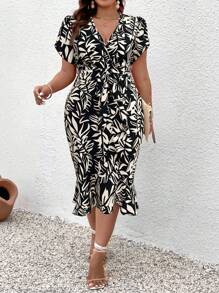 EMERY ROSE Plus Allover Print Puff Sleeve Ruffle Hem Dress For Summer Vacation Maxi Women Outfit - Multicolor - View 3