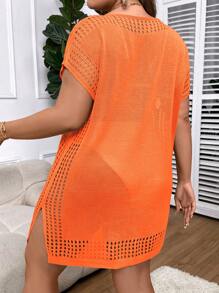 Swim Vcay 夏季海灘中長款鑲空蝙蝠袖分叉襯衫 - 橘色 - 查看 2