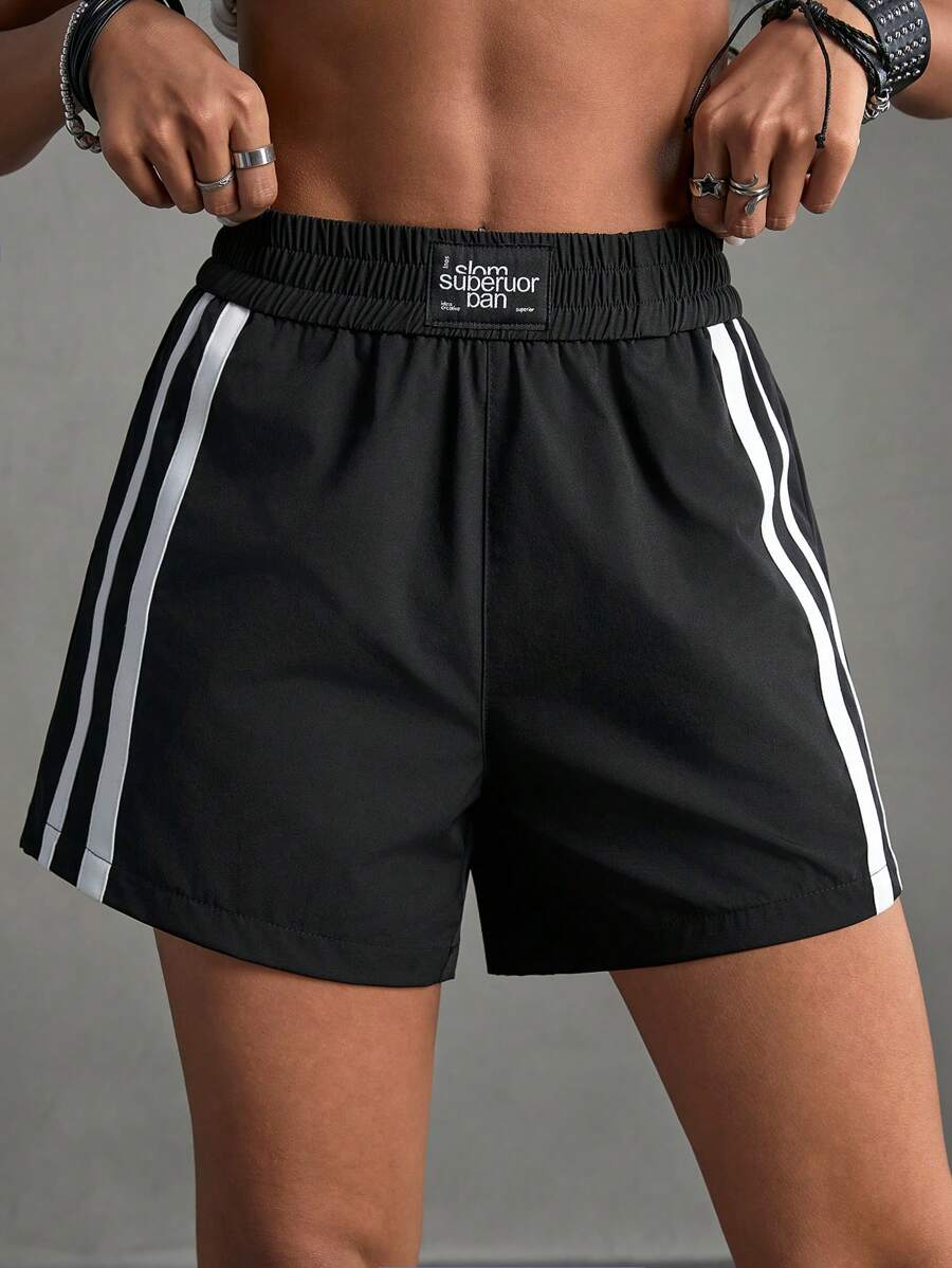 Easithlete Spodenki sportowe w paski i grafiki z literami na lato Wygodne spodenki damskie Spodenki dresowe, spodenki do ćwiczeń, spodenki motocyklowe - Czarne - Zobacz 1