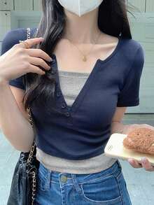 时尚女士春夏修身款二合一 V 领短袖 T 恤（亮粉色） - 藏蓝色 - 查看 4