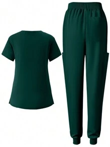 Women's Scrubs Uniform Jogger Pants, Elastic Soft Nursing Workwear Breathable Surgical Scrub Suit With Pockets - Dark Green - View 2