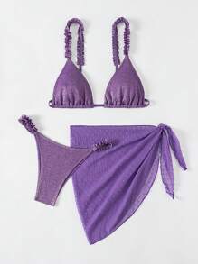 SHEIN Swim Bộ đồ tắm bikini tam giác diềm xếp nếp đi biển mùa hè kèm váy đi biển - Màu tím - Xem 3