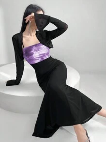 Modelyn 对比色扎染美人鱼下摆吊带裙和喇叭袖前开襟上衣夏季两件套