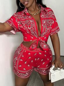 Slaydiva Casual Street  Loose Short Sleeve Shirt And Shorts, Red  Print Loose Shirt Set, Women's 2pcs Set-C