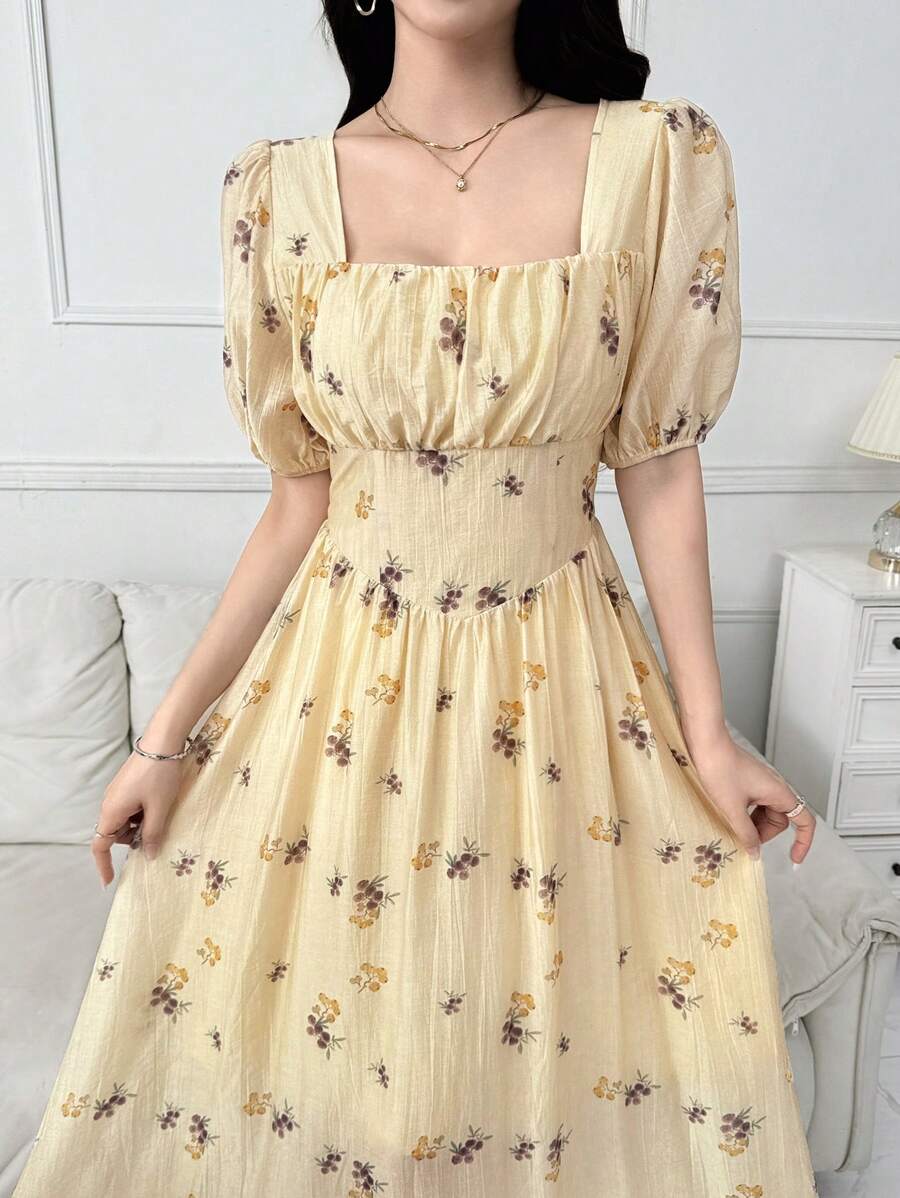 Modelyn Women's Summer Puff Sleeve High Waist Sweetheart Neck Elegant Floral Dress - Apricot - View 1