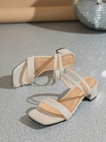 优雅米色高跟凉鞋，细带仿麂皮纹理，露趾设计，粗跟低跟，踝带凉鞋，春夏穿搭 - 米色 - 查看 4