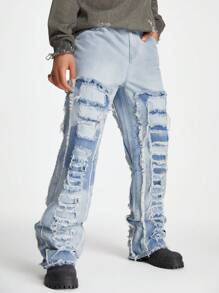Manfinity Roghcode Men's Light Blue Denim Frayed Patch Streetwear Loose Straight Ripped Jeans, For Husband, Boyfriend Gifts - Light Wash - View 3