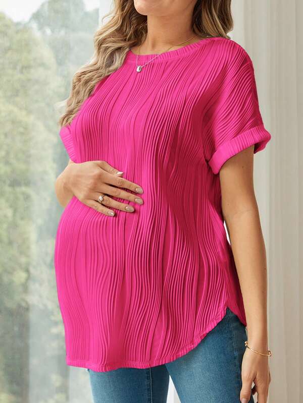 SHEIN Maternity Loose Fit Short Sleeve Round Neck Long T-Shirt, Suitable For Slouchy & Casual Summer