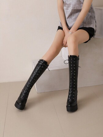 Ridstövlar med grov klack för kvinnor, Vår-/höstnyheter, Dragkedja bak, Smala tjocka ben, Stövlar med hög klack över knäna, Fest