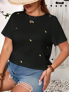 SHEIN Frenchy Tee-shirt brodé avec motif d'ananas pour l'été - Noir - Voir 6