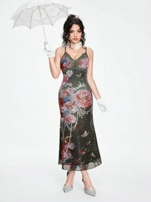 ROMWE Fairycore Vintage Palace Painting Rose Printed Women's Cami Dress - Green - View 5