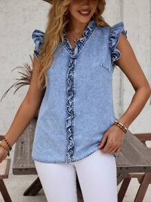 SHEIN LUNE Ruffle Trim Sleeveless Denim Top For Summer Vacation - Blue - View 5