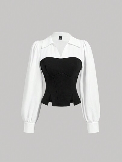 SHEIN MOD قميص ضيق مخرم كأعلى جسم باللونين الأسود والأبيض، قميص مزود بشق, قميص للخريف/الشتاء, إطلالات للعودة للمدرسة, بلوزات نسائية, بلوزات سوستة, ملابس للمدرّسات, قمصان عمل للنساء, قمصان, ملابس علوية متواضعة, قمصان مدرسية, قمصان غربية