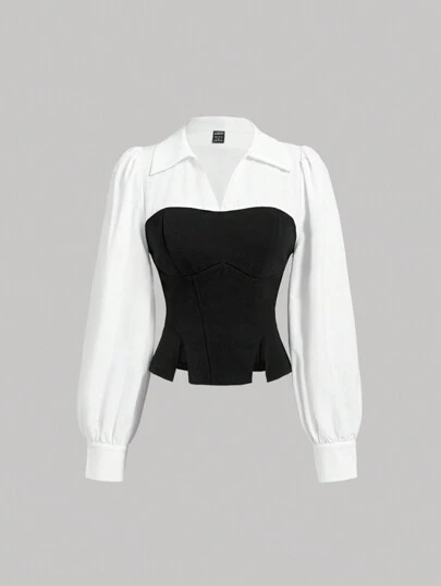 SHEIN MOD Black & White Bodycon Shirt, Slit Hem Shirt, Fall/Winter Shirt, Back To School Outfits, Women Blouses, Corset Blouses, Teacher Clothes, Work Women Shirts, Shirts, Modest Tops, School Shirts, Western Shirts,Black And White Puff Sleeve Blouse Corset Top For Wedding, Party, Event, Evening, Banquet, Office, Dinner, Cocktail, Anniversary, Reception, Elegant Suit, Formal Gathering, Cotton Blend, Slim Fit, Stylish Wear