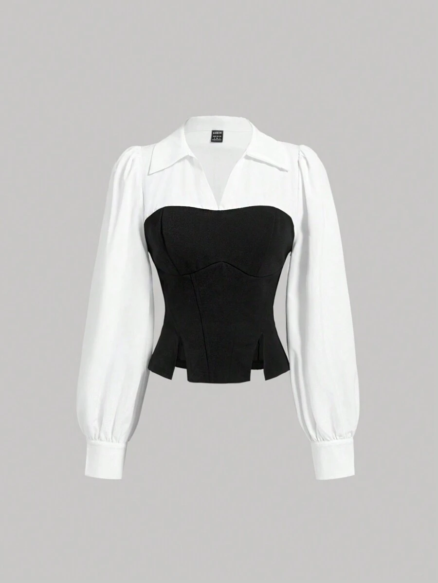 SHEIN MOD 黑白紧身衬衫、开衩下摆衬衫、秋冬衬衫、返校服装、女式衬衫、紧身胸衣衬衫、教师服装、女式工作衬衫、衬衫、朴素上衣、校服衬衫、西式衬衫 - 黑與白 - 查看 1