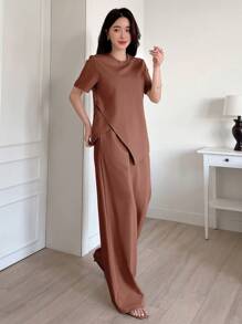 DAZY Asymmetrical Short Sleeve T-Shirt And Wide Leg Pants Casual Two-Piece Set - Brown - View 3