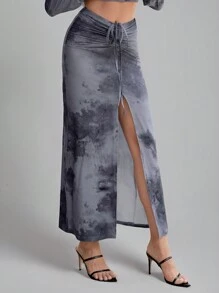 SHEIN Essnce 水洗染印花前釦長袖上衣和綁帶開叉高腰裙套裝，夏季休閒套裝 - 灰色 - 查看 4