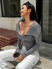 SHEIN EZwear Chaqueta de punto de cierre de cremallera con rayas de unicolor, blusas de manga larga para mujer - Gris - Ver 5