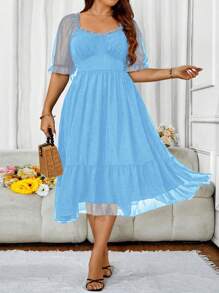 Sunnyshic Vestido de talla grande de chiffón con cuello cuadrado y mangas cortas
