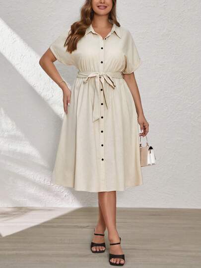 SHEIN Clasi Plus Batwing Sleeve Belted Shirt Dress