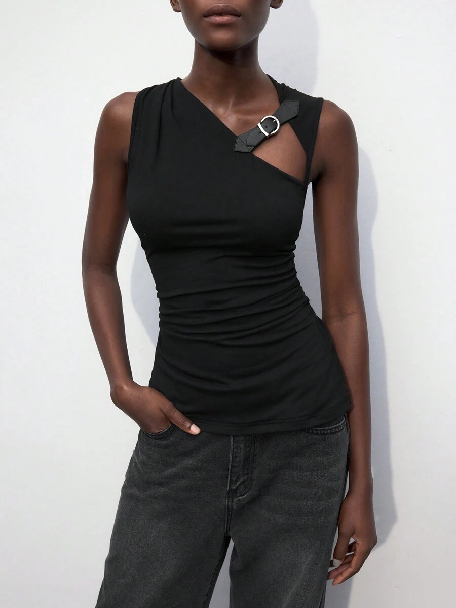 Maija 2025 Spring/Summer & Early Autumn Independence Day July Outfit Women's Black Fitted Strap Decor Design Modern Urban Chic Versatile Top, Black Hollow-Out PU Leather Decor Sleeveless Modern Urban Casual Women Apparel